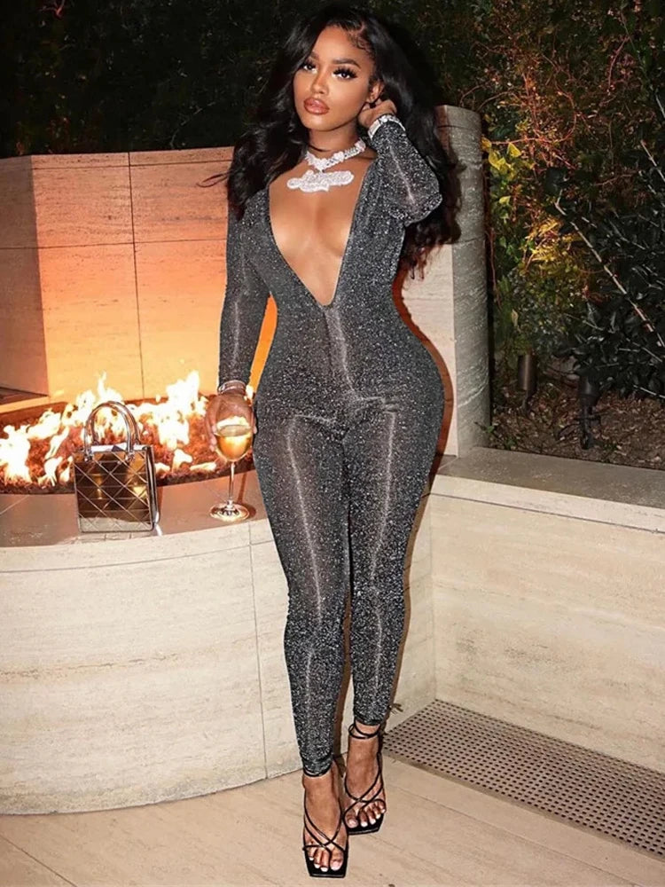 Weird Puss Glitter Decoration Women Jumpsuit Deep V Neck Backless One Pieces Slim Fit Unique Autumn Ladies Prom Evening Party